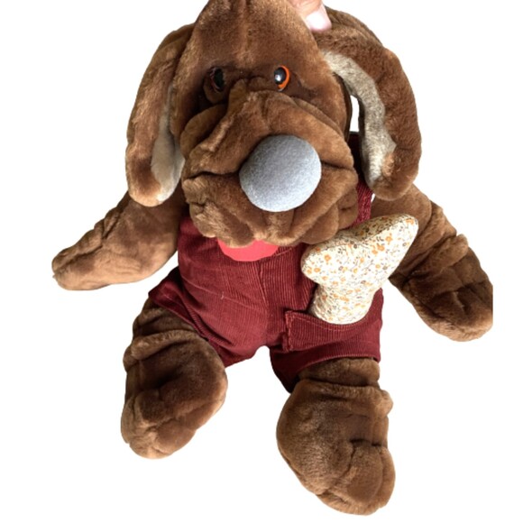 Ganz Bros Wrinkles Brown Dog Hand Puppet 17" Overalls Vintage Plush - Picture 3 of 6